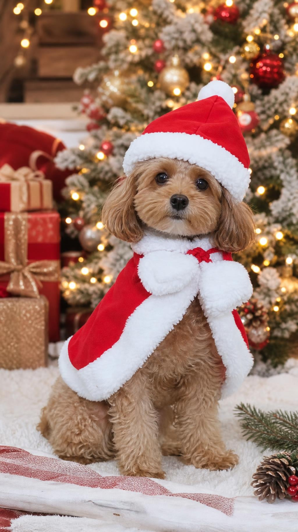 Déguisement de Noël pour chien et chat : cape rouge à capuche bordée de fausse fourrure blanche