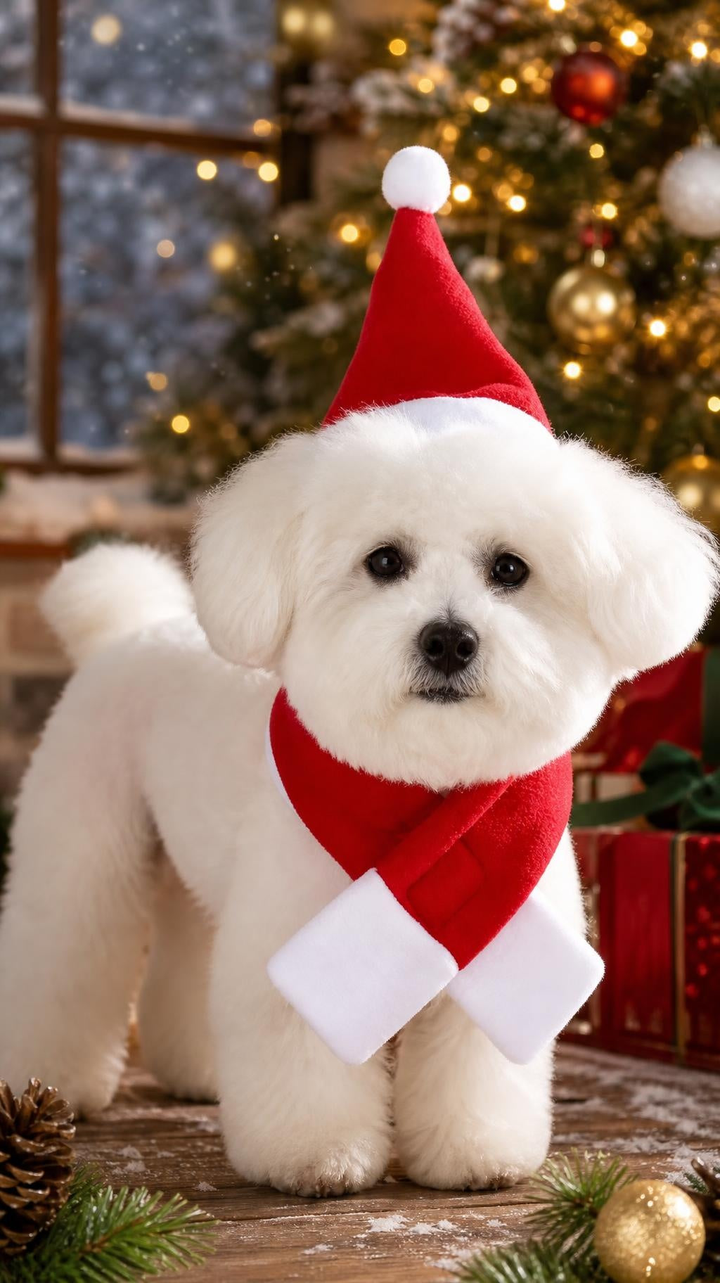 Déguisement Père Noël pour chien et chat : bonnet rouge à pompon et écharpe rouge et blanche