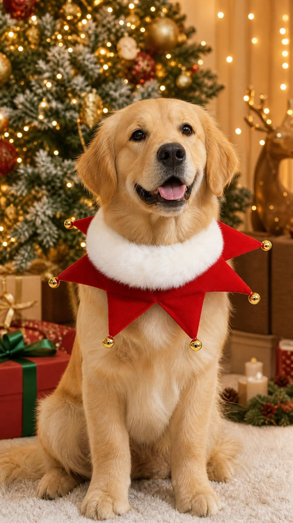 Déguisement de Noël pour chien et chat : collier étoile rouge à grelots dorés et col blanc